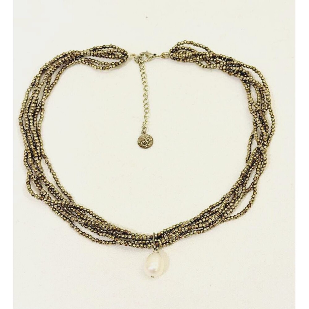 Crossroads Multi-Strand Metallic Seed Bead Necklace with Real Pearl Pendant